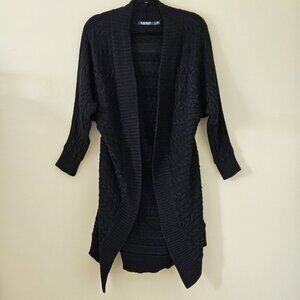 Lauren Ralph Lauren Cardigan Womens 1X Black Open Cable Knit Dolman 3/4 Sleeve